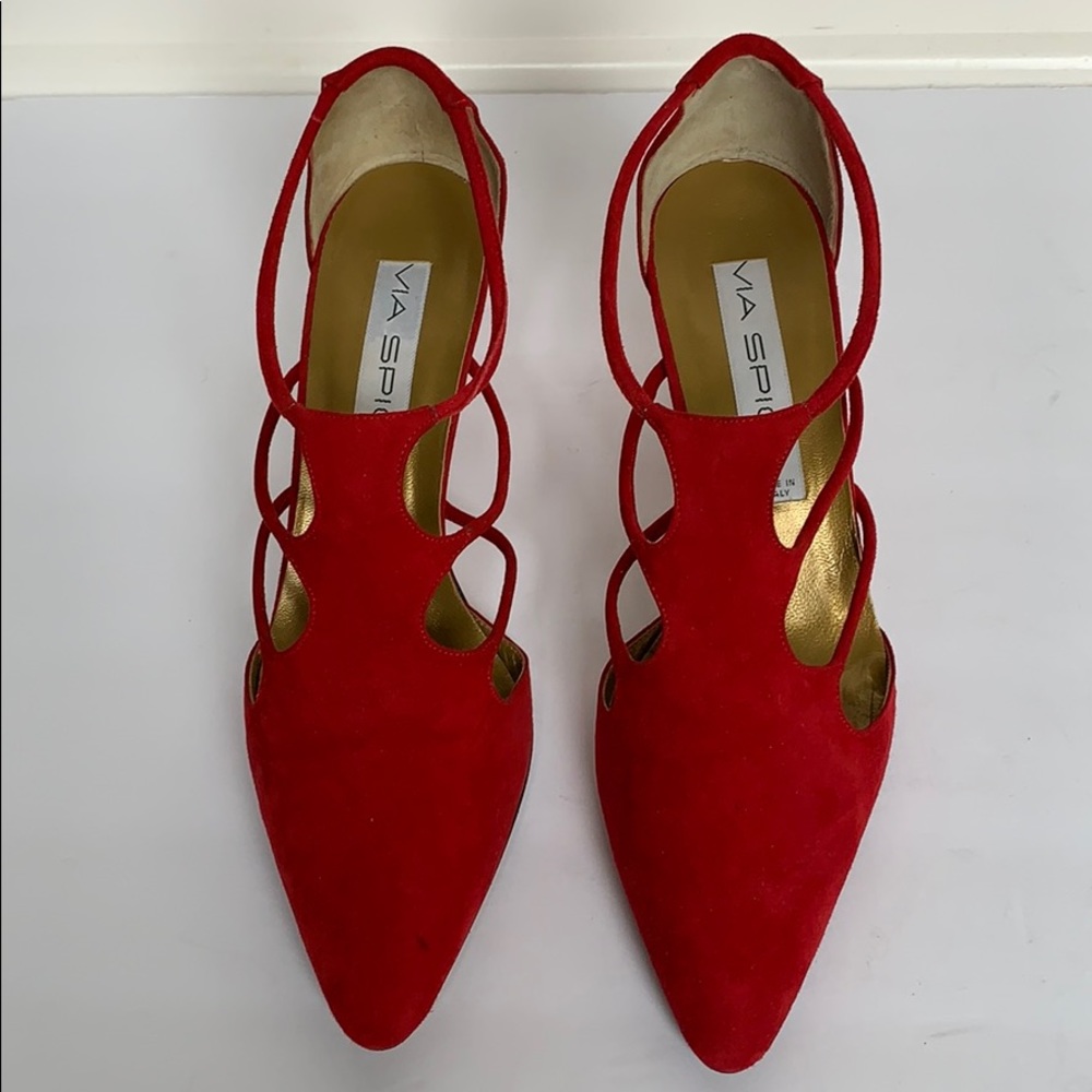 VIA SPIGA Red Suede Caged Pumps